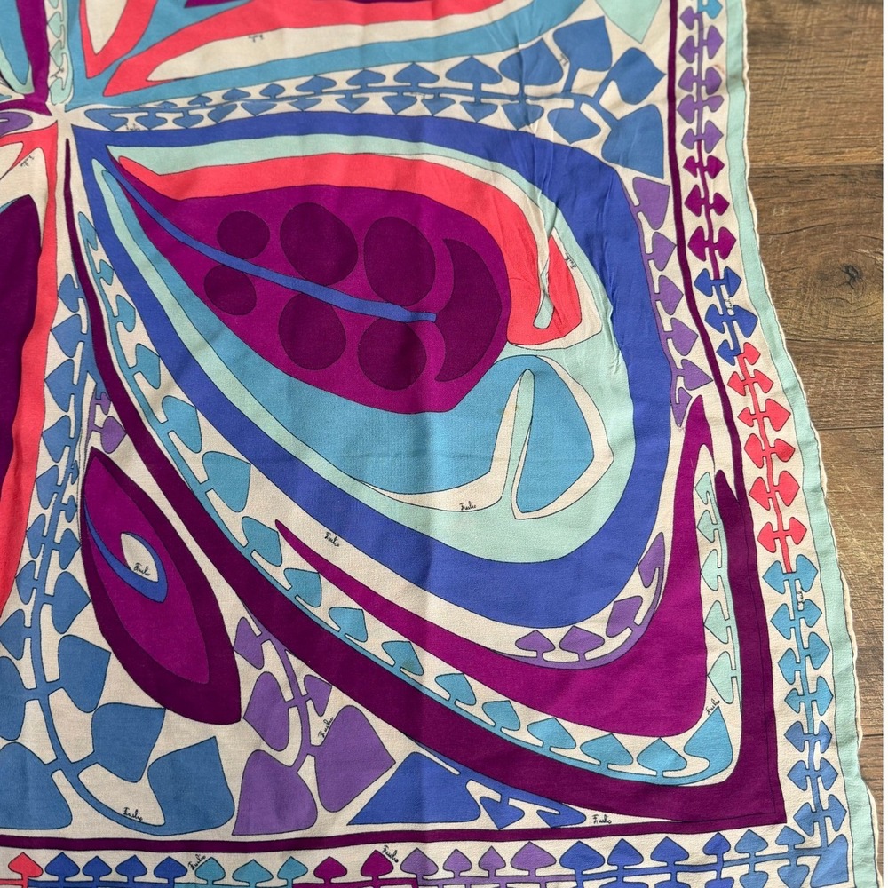 Emilio Pucci Vintage Silk Scarf Psychedelic Butterfly Geometric Purple Blue Pink - Picture 15 of 16
